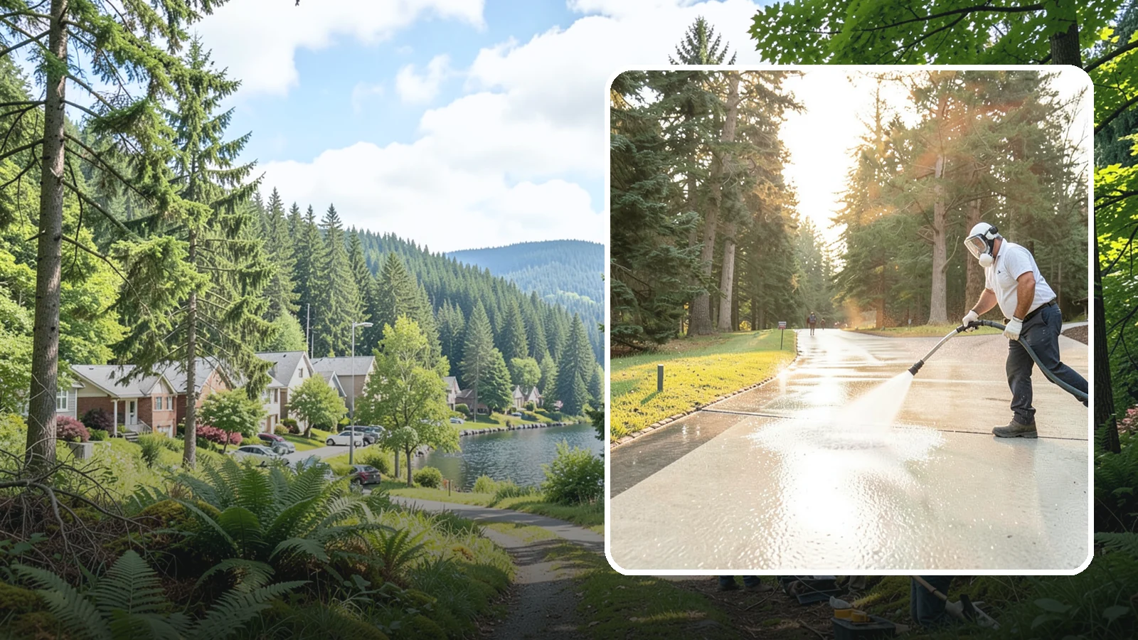 Driveway Brightening in Lake Forest Park, King County, WA - A brightening treatment that restores a faded, weather-dulled driveway to a clean, uniform tone.