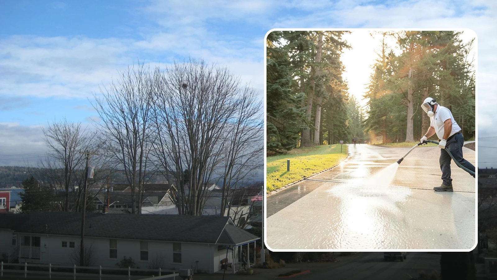 Driveway Brightening in Langley, Island County, WA - A brightening treatment that restores a faded, weather-dulled driveway to a clean, uniform tone.
