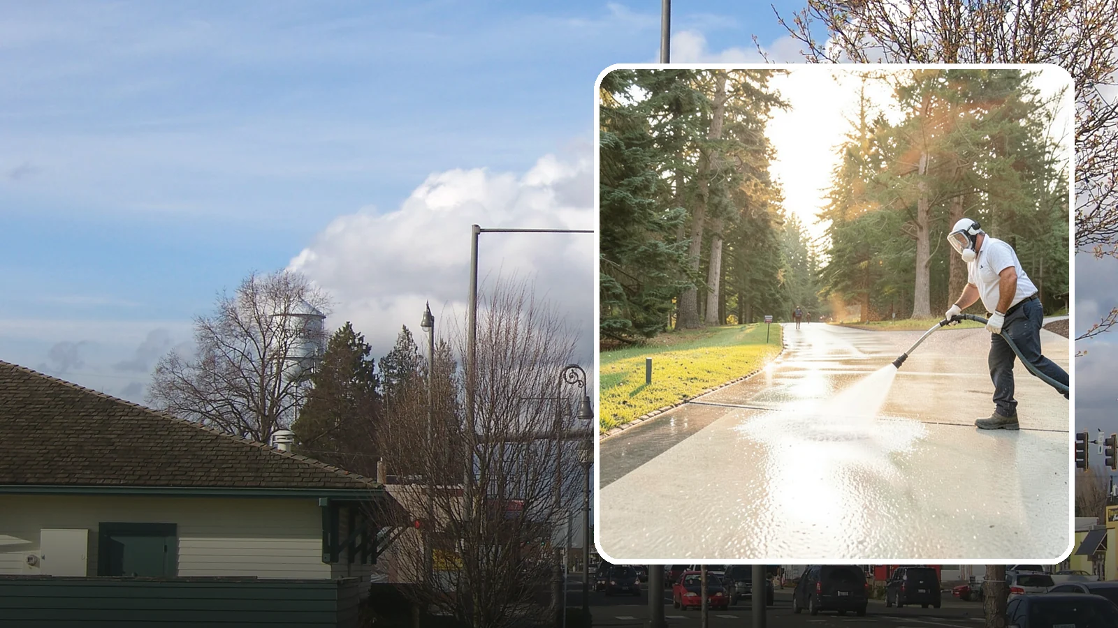 Driveway Brightening in Marysville, Snohomish County, WA - A brightening treatment that restores a faded, weather-dulled driveway to a clean, uniform tone.