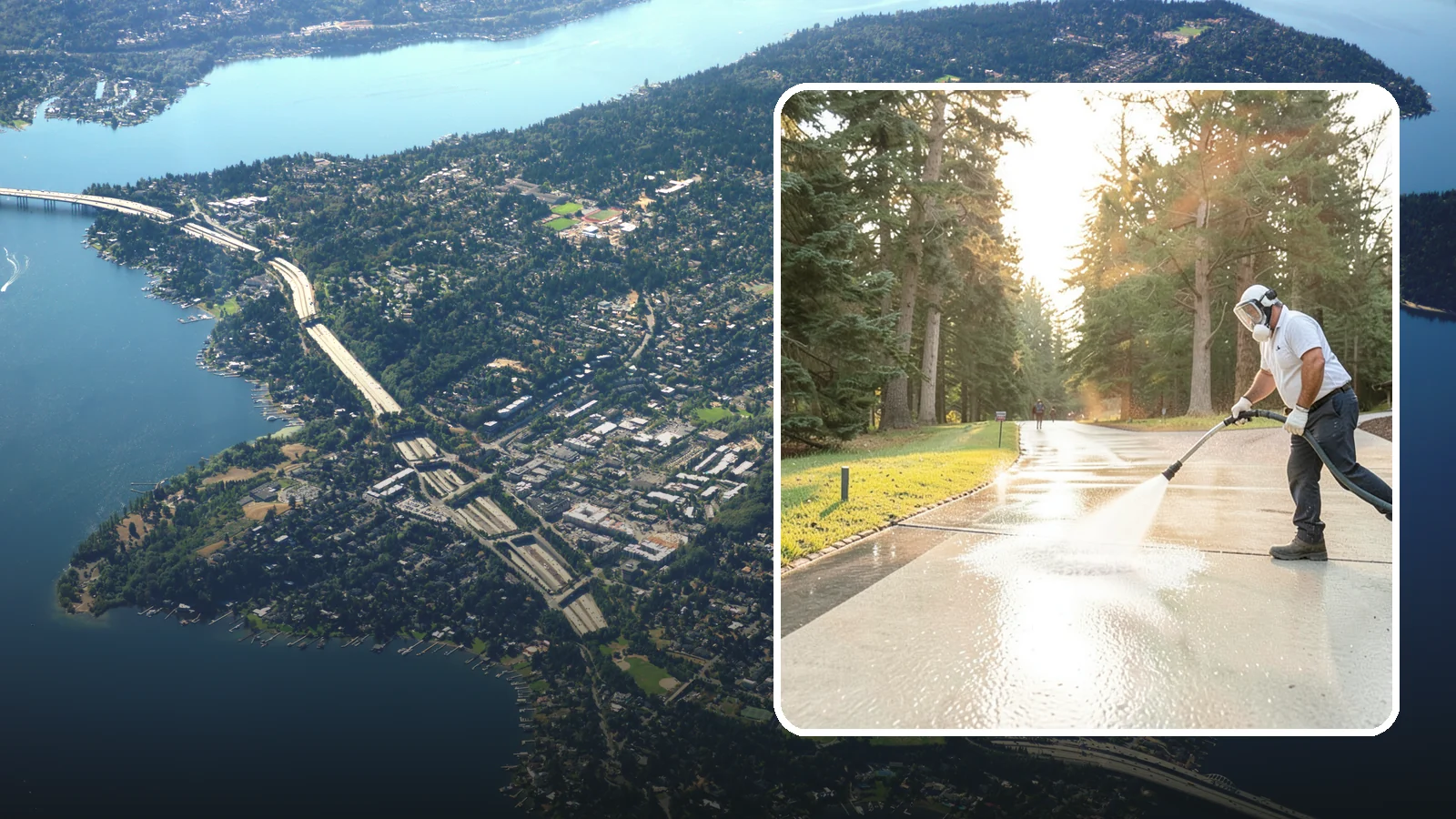 Driveway Brightening in Mercer Island, King County, WA - A brightening treatment that restores a faded, weather-dulled driveway to a clean, uniform tone.