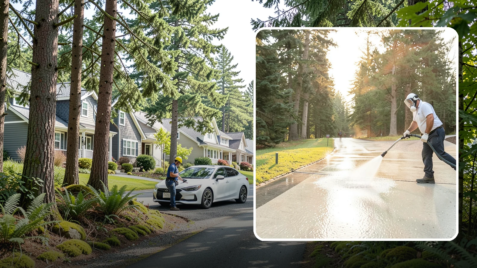Driveway Brightening in Normandy Park, King County, WA - A brightening treatment that restores a faded, weather-dulled driveway to a clean, uniform tone.