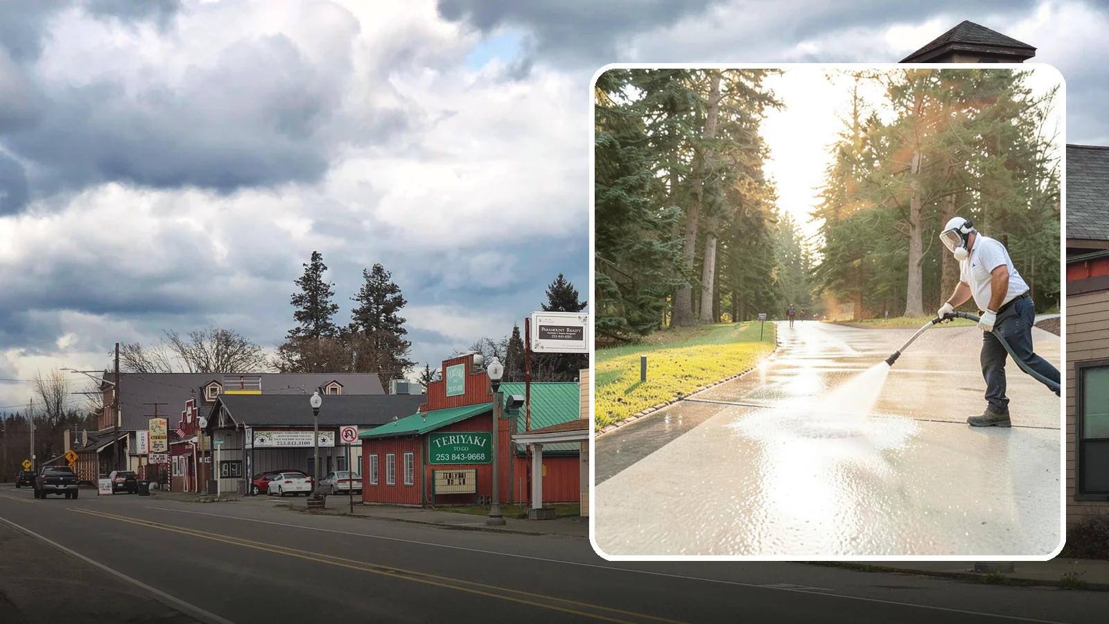 Driveway Brightening in Roy, Pierce County, WA - A brightening treatment that restores a faded, weather-dulled driveway to a clean, uniform tone.
