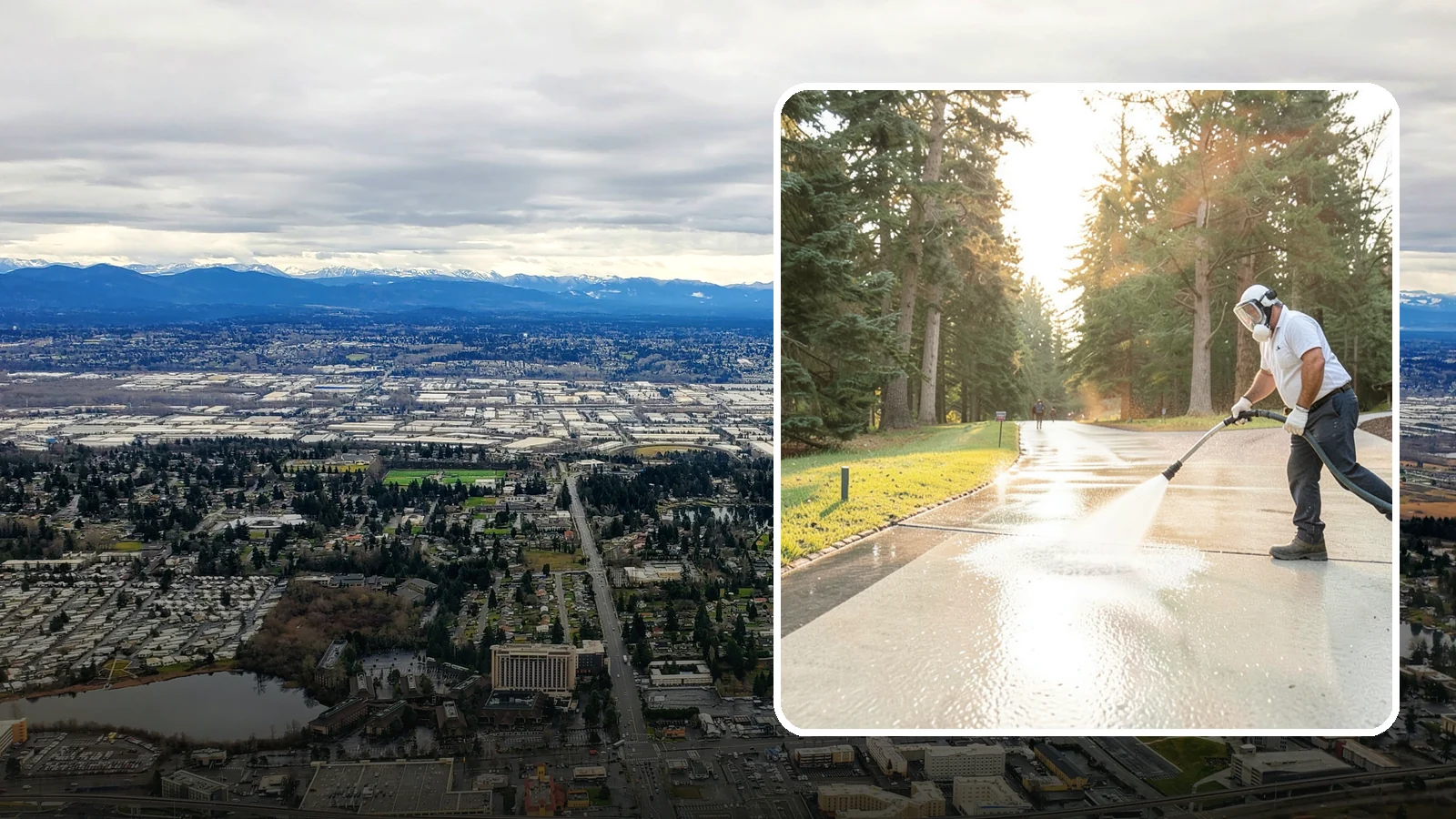 Driveway Brightening in SeaTac, King County, WA - A brightening treatment that restores a faded, weather-dulled driveway to a clean, uniform tone.