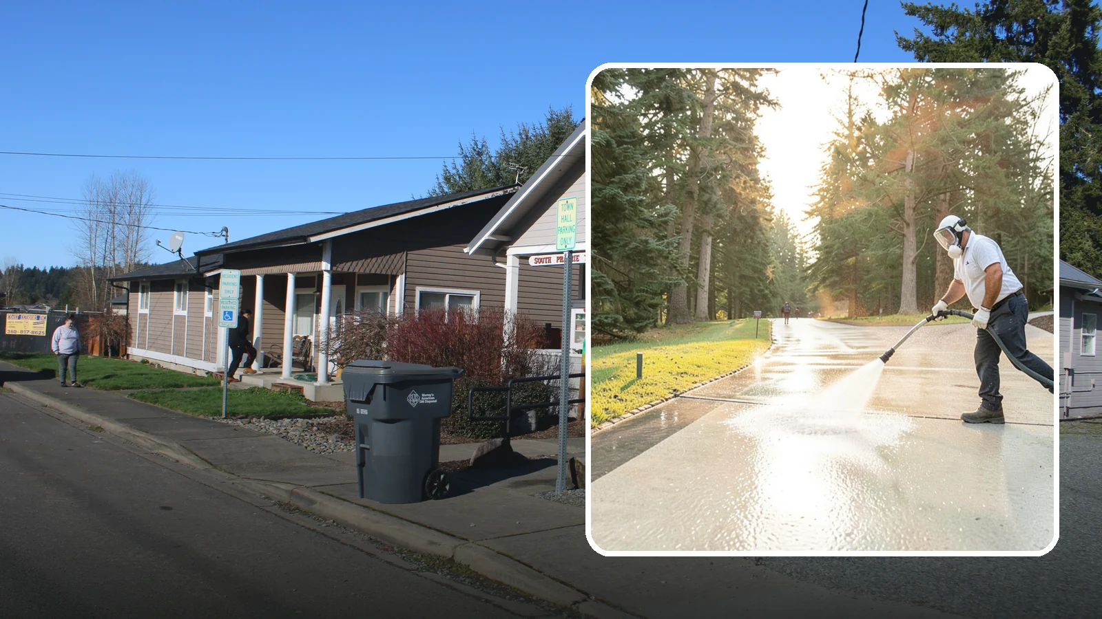 Driveway Brightening in South Prairie, Pierce County, WA - A brightening treatment that restores a faded, weather-dulled driveway to a clean, uniform tone.