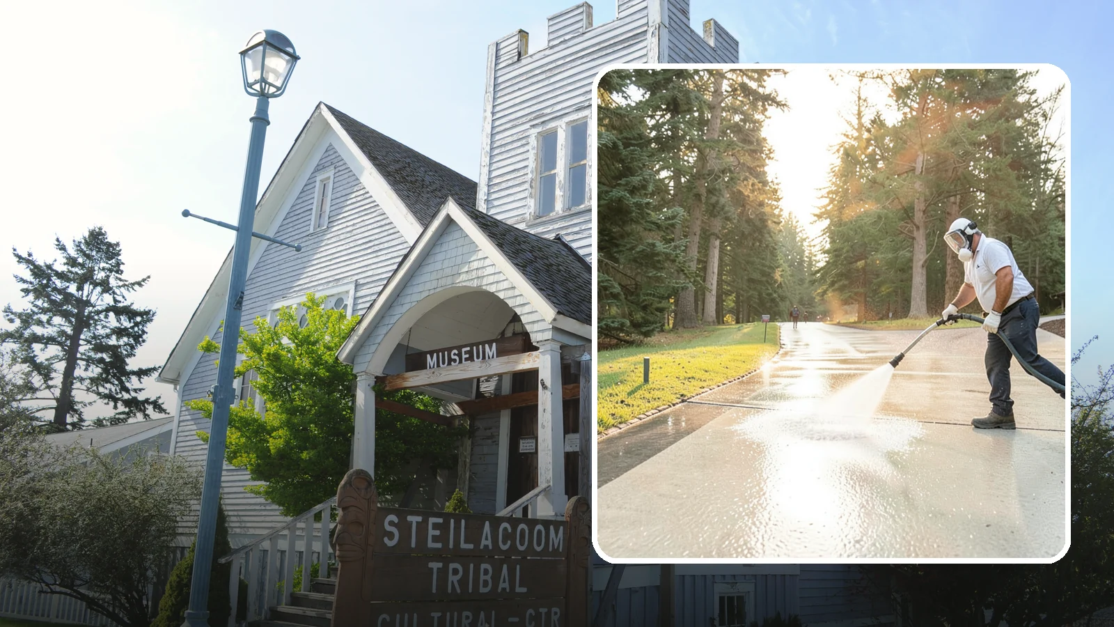 Driveway Brightening in Steilacoom, Pierce County, WA - A brightening treatment that restores a faded, weather-dulled driveway to a clean, uniform tone.