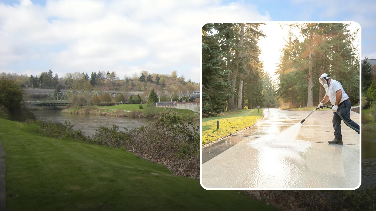 Driveway Brightening in Tukwila, King County, WA - A brightening treatment that restores a faded, weather-dulled driveway to a clean, uniform tone.