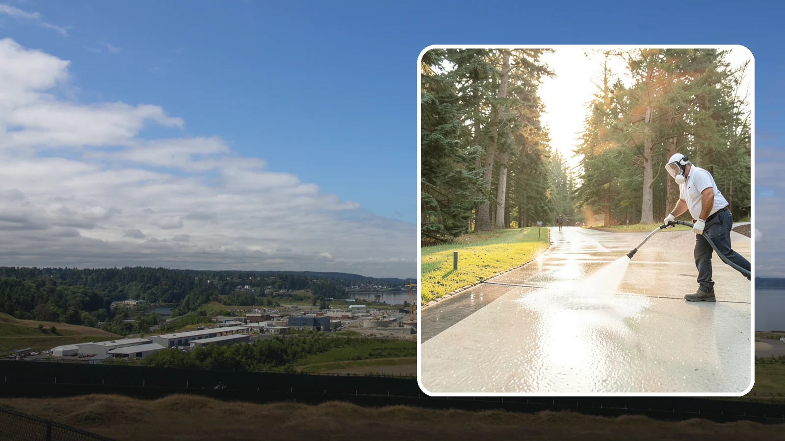 Driveway Brightening in University Place, Pierce County, WA - A brightening treatment that restores a faded, weather-dulled driveway to a clean, uniform tone.