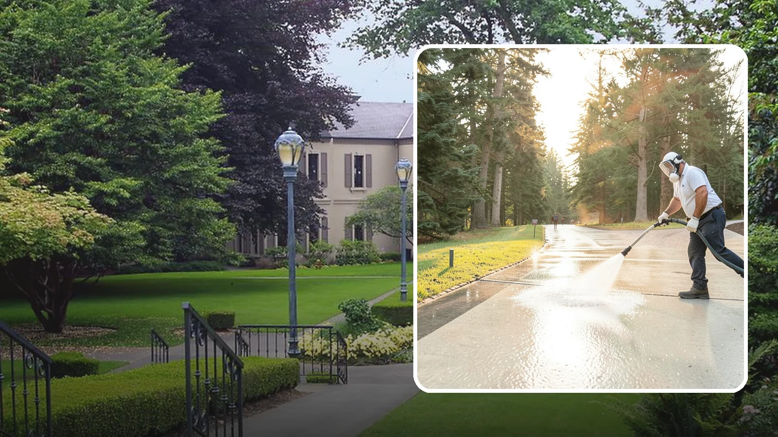 Driveway Brightening in Woodinville, King County, WA - A brightening treatment that restores a faded, weather-dulled driveway to a clean, uniform tone.
