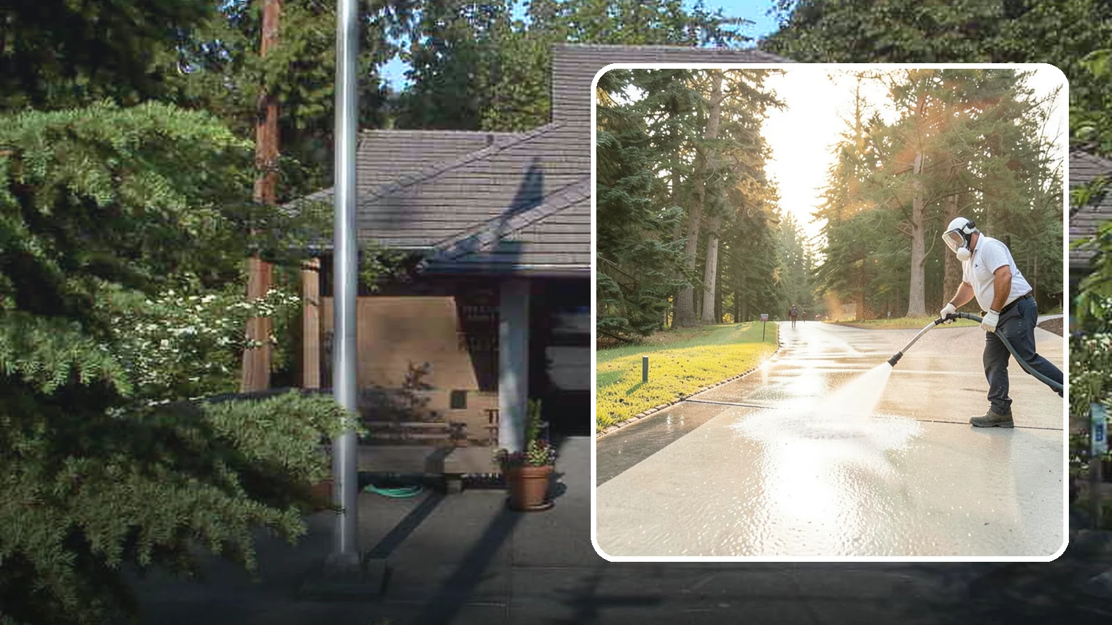 Driveway Brightening in Yarrow Point, King County, WA - A brightening treatment that restores a faded, weather-dulled driveway to a clean, uniform tone.
