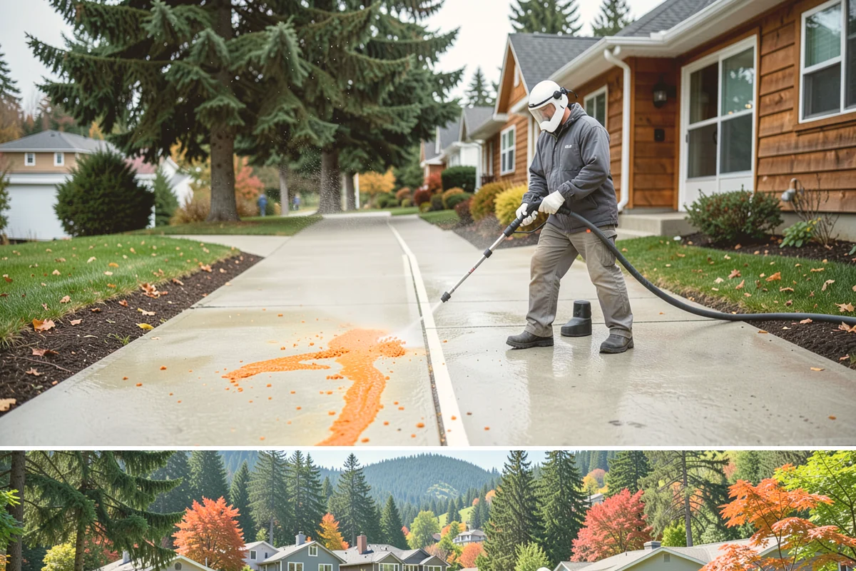 Driveway Oil Stain Removal in Fircrest, Pierce County, WA - Warmer summer temperatures help degreasers work faster and lift oil more effectively.