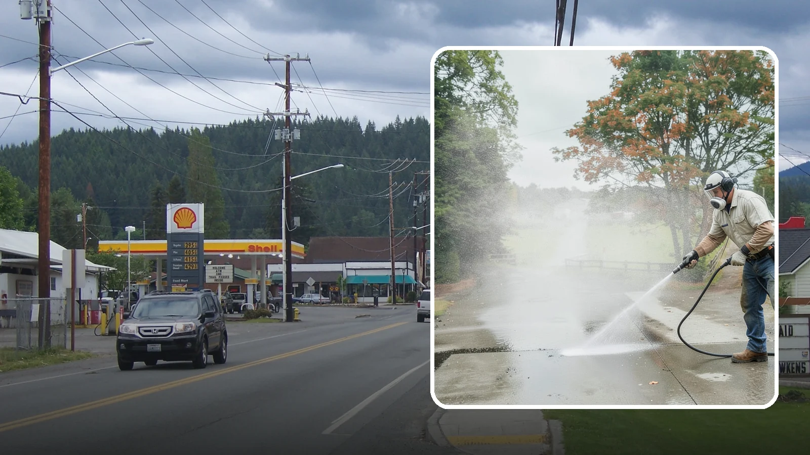 Driveway Oil Stain Removal in Granite Falls, Snohomish County, WA - Targeted removal of motor oil stains that soak into and darken Washington driveway concrete.