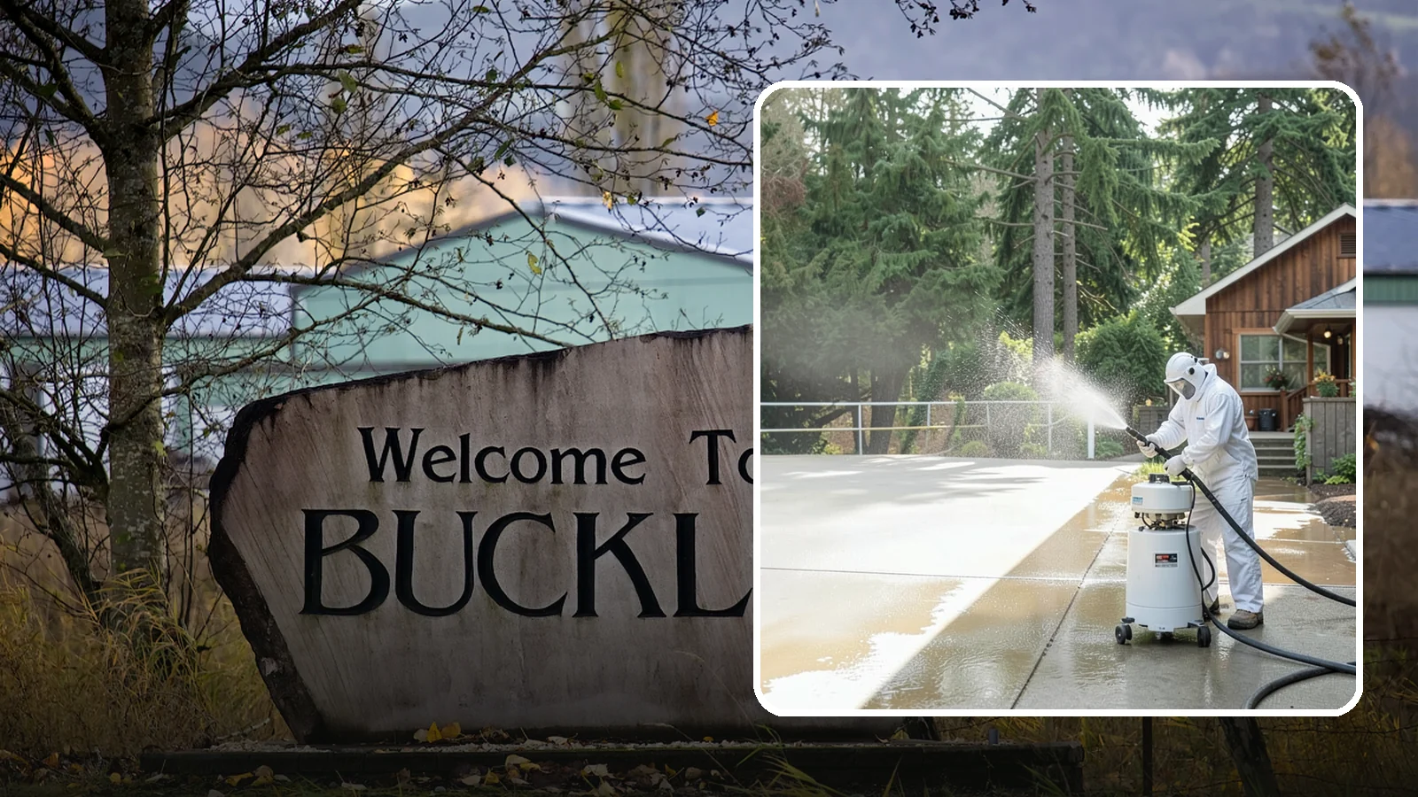 Driveway Paint Removal in Buckley, Pierce County, WA - Removal of spilled paint and coatings that mar driveway concrete from projects and drips.