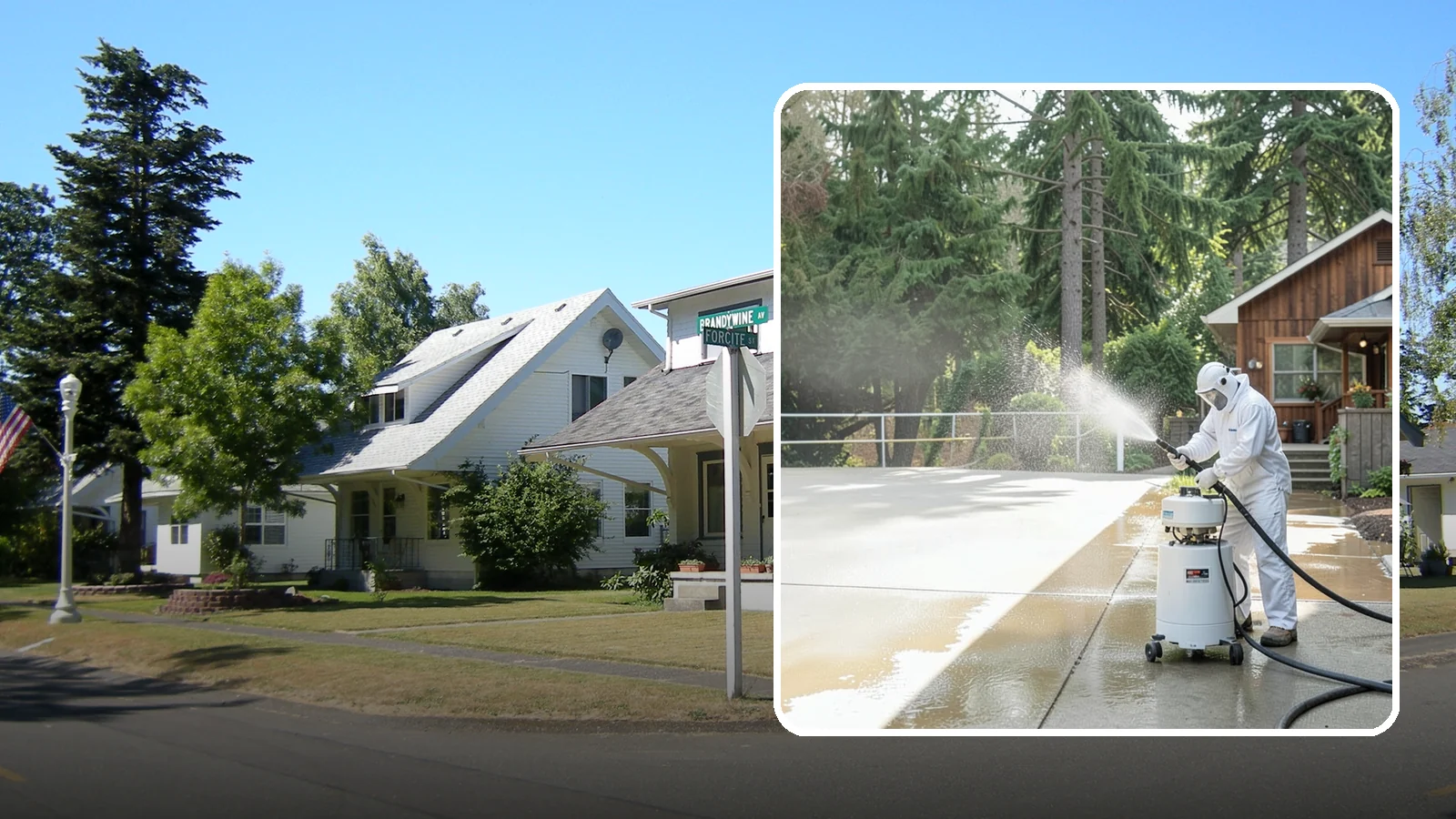 Driveway Paint Removal in DuPont, Pierce County, WA - Removal of spilled paint and coatings that mar driveway concrete from projects and drips.