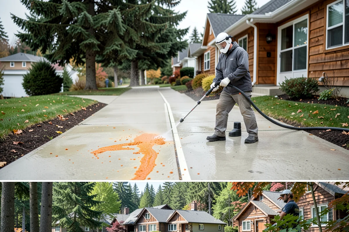 Driveway Paint Removal in Edgewood, Pierce County, WA - Dry, mild weather lets stripping agents work without dilution and speeds surface drying.