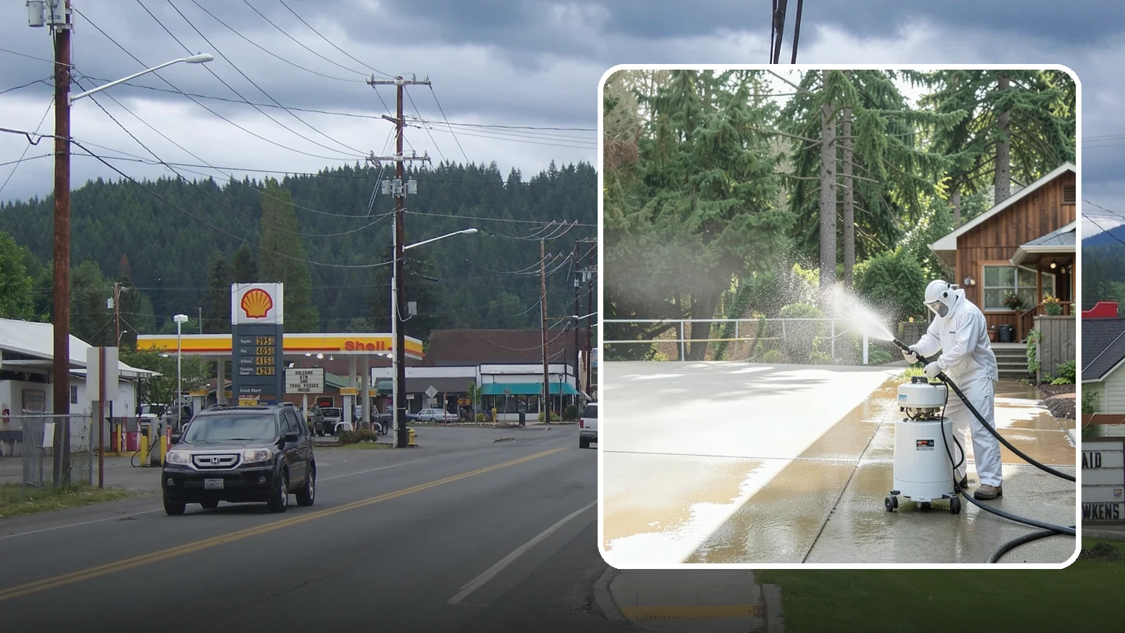 Driveway Paint Removal in Granite Falls, Snohomish County, WA - Removal of spilled paint and coatings that mar driveway concrete from projects and drips.