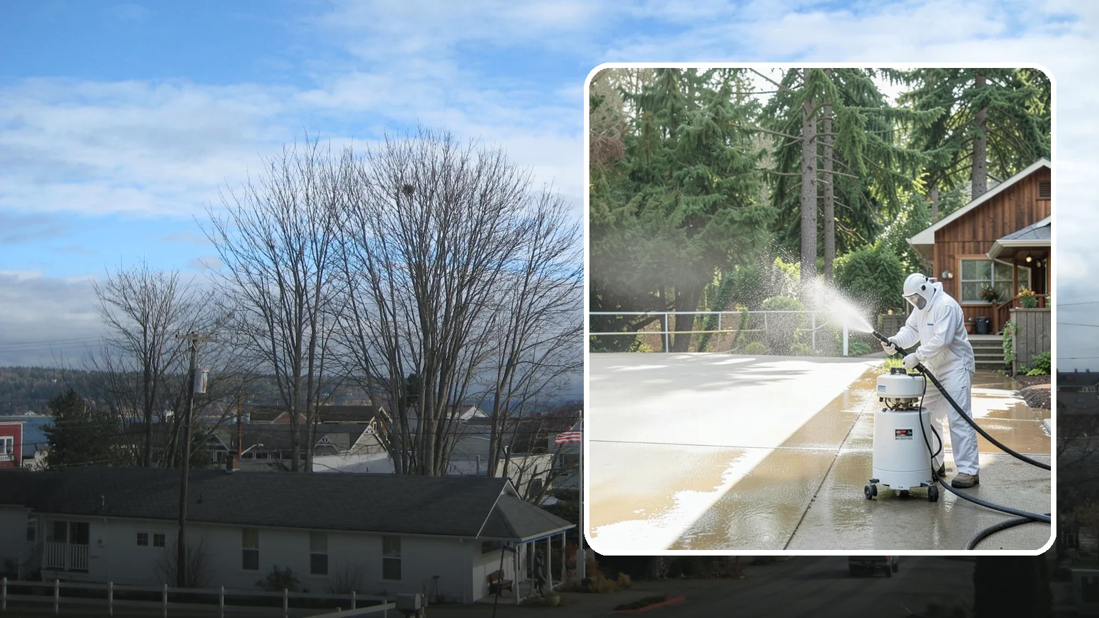 Driveway Paint Removal in Langley, Island County, WA - Removal of spilled paint and coatings that mar driveway concrete from projects and drips.
