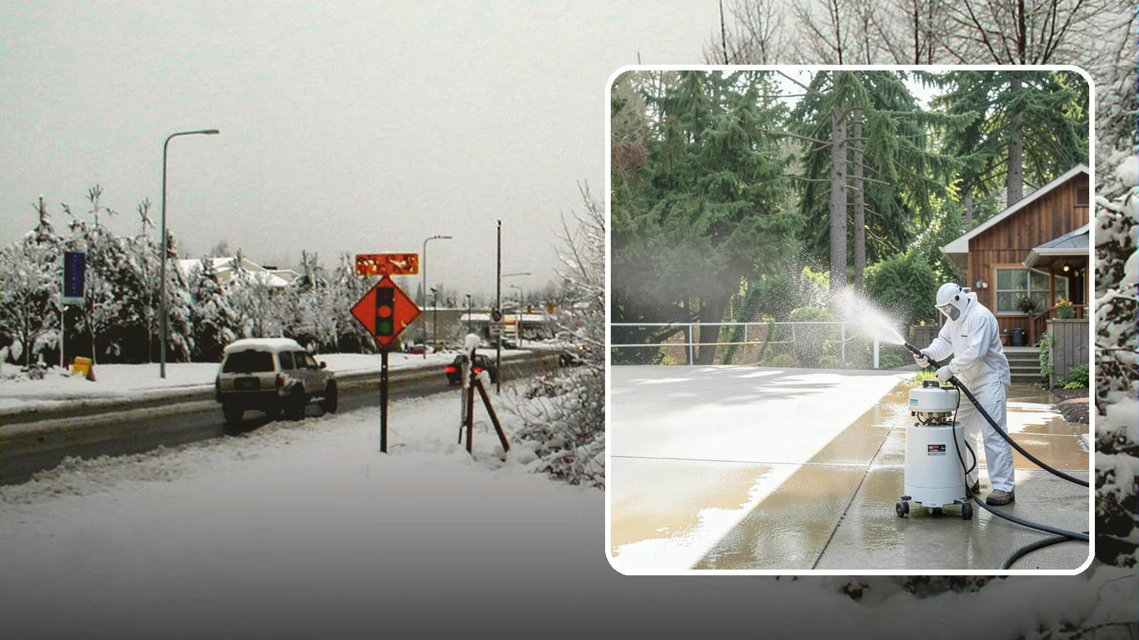 Driveway Paint Removal in Newcastle, King County, WA - Removal of spilled paint and coatings that mar driveway concrete from projects and drips.