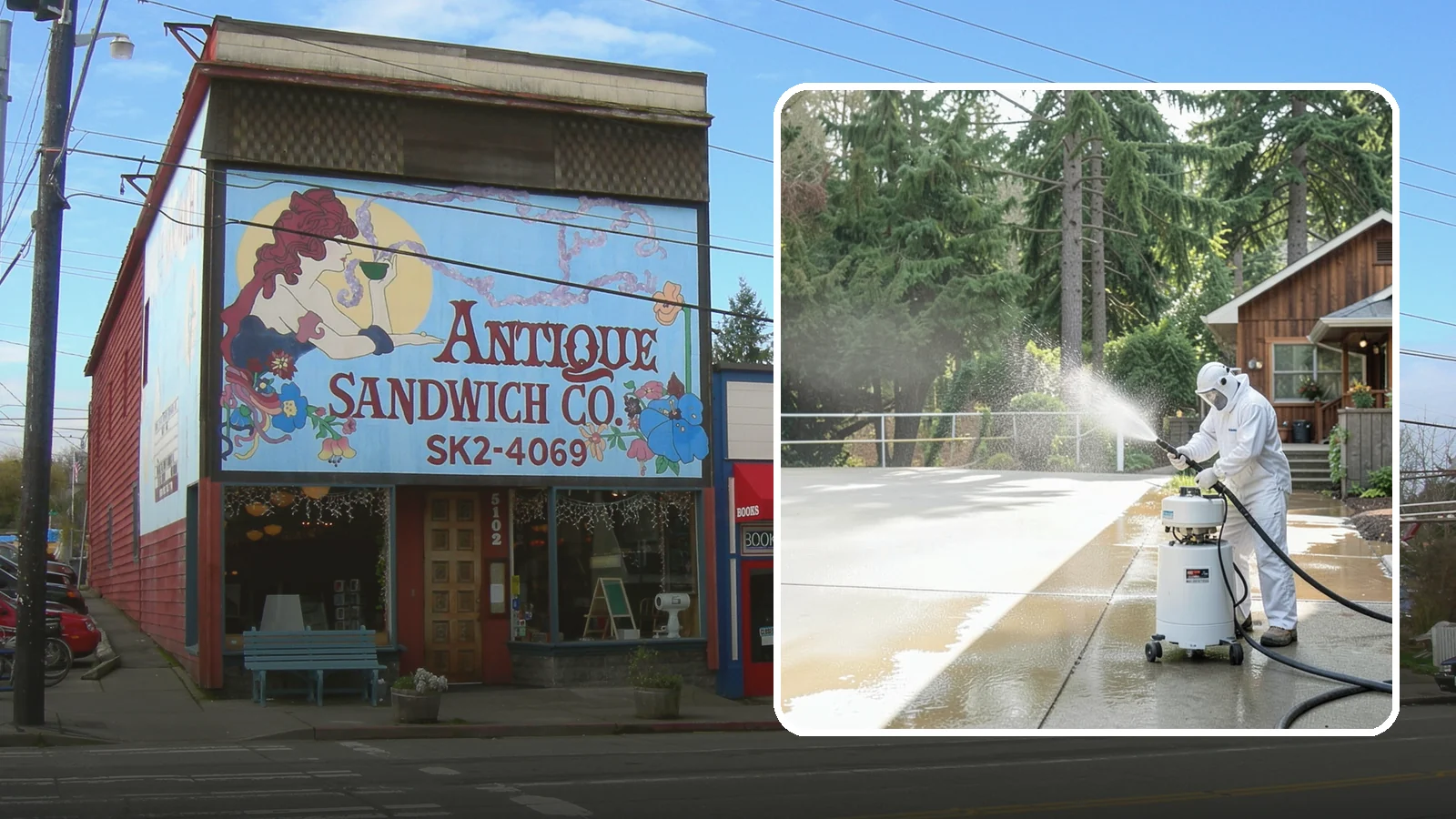 Driveway Paint Removal in Ruston, Pierce County, WA - Removal of spilled paint and coatings that mar driveway concrete from projects and drips.
