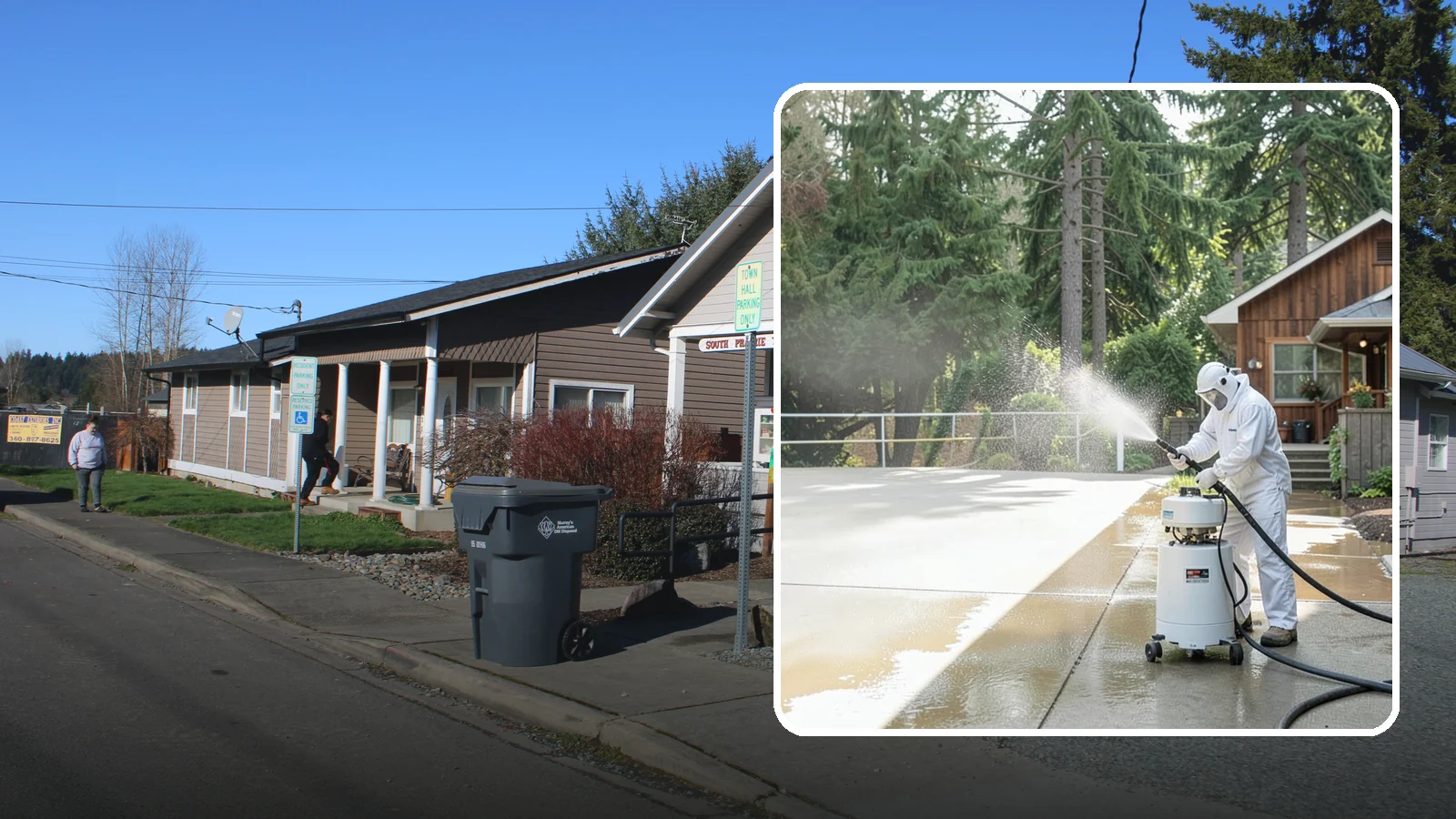 Driveway Paint Removal in South Prairie, Pierce County, WA - Removal of spilled paint and coatings that mar driveway concrete from projects and drips.