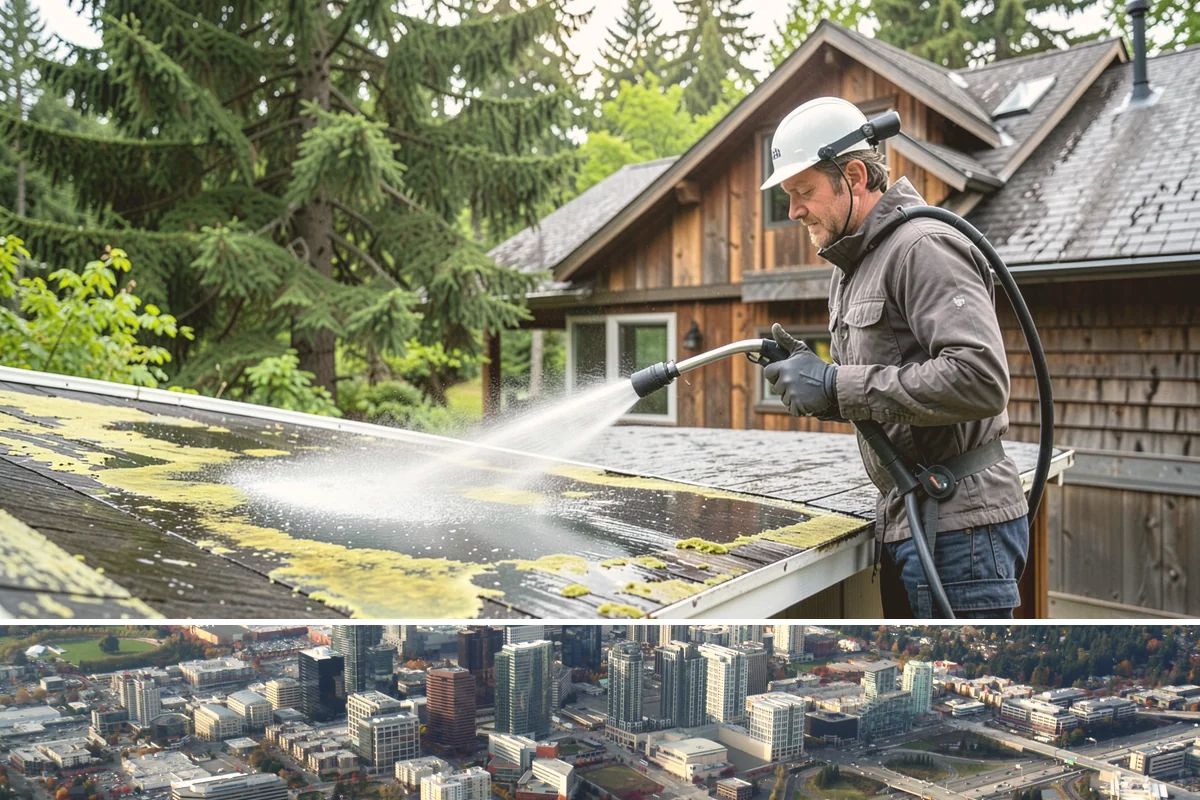 Driveway Pressure Washing in Bellevue, King County, WA - Spring is popular for clearing a winter's worth of moss, though dry summer days work equally well.