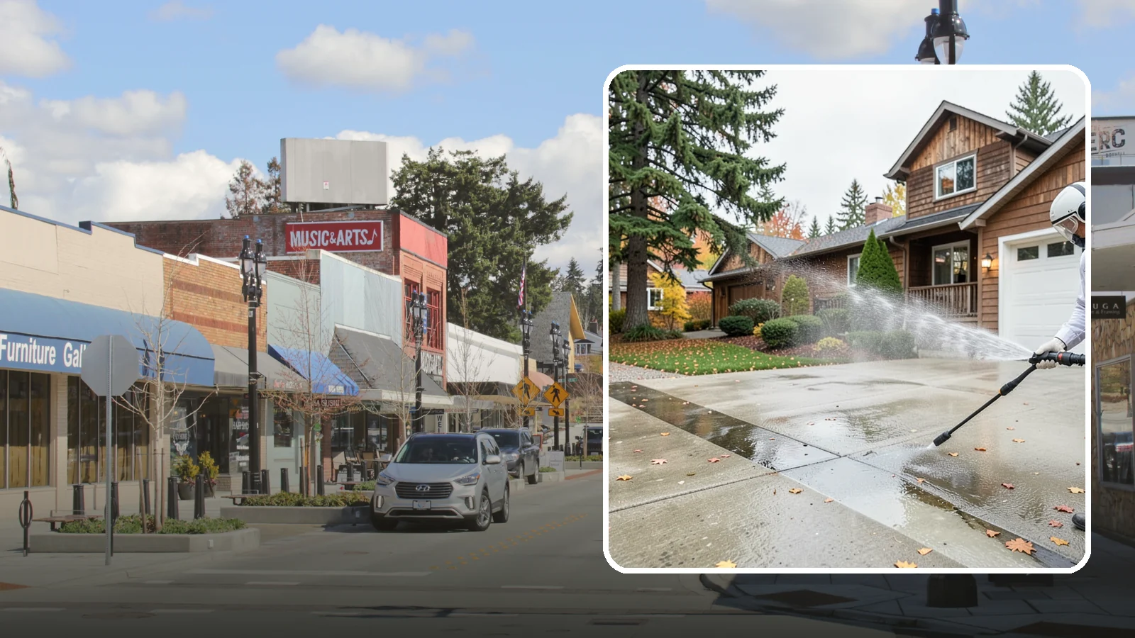 Driveway Pressure Washing in Bothell, King County, WA - Powerful pressure washing that strips away the moss, mildew, and grime coating Washington driveways.