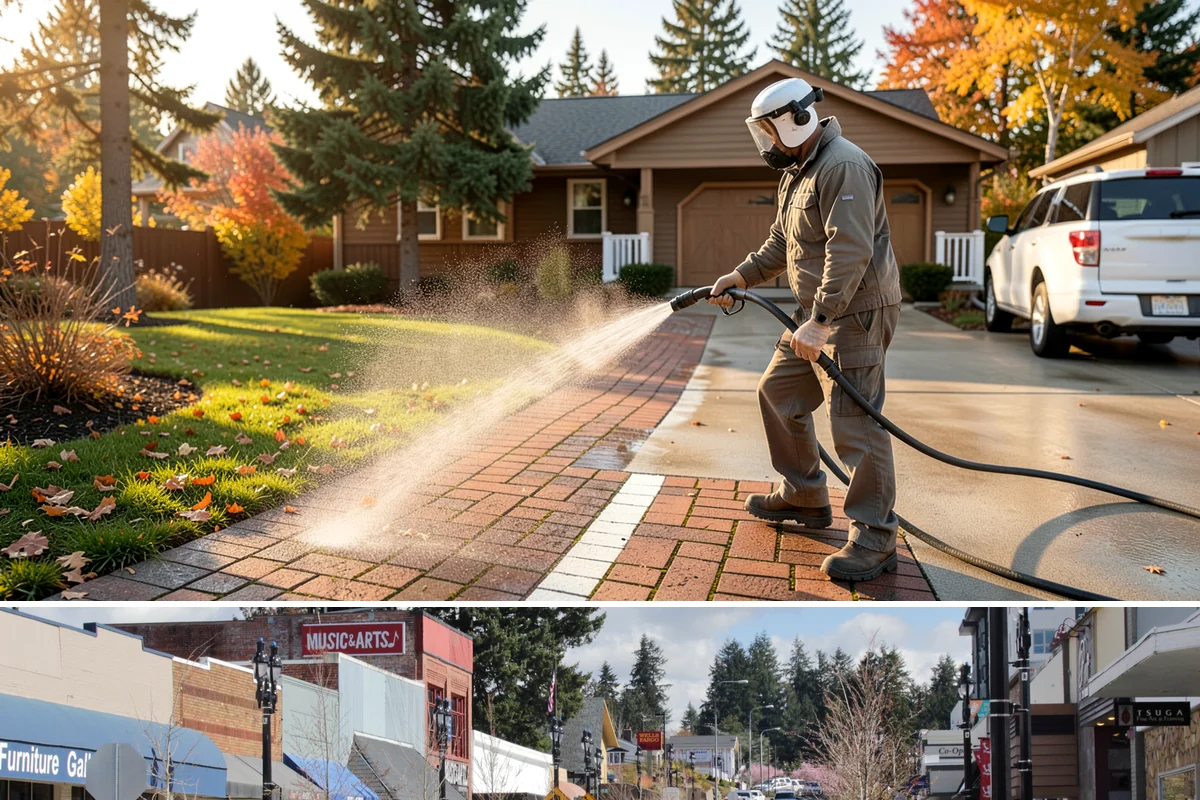 Driveway Pressure Washing in Bothell, King County, WA - Spring is popular for clearing a winter's worth of moss, though dry summer days work equally well.