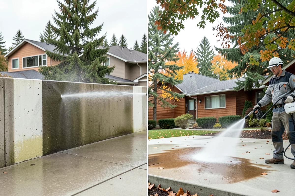 Driveway Pressure Washing in Enumclaw, King County, WA - Sweep and pre-treat the driveway for moss and stains