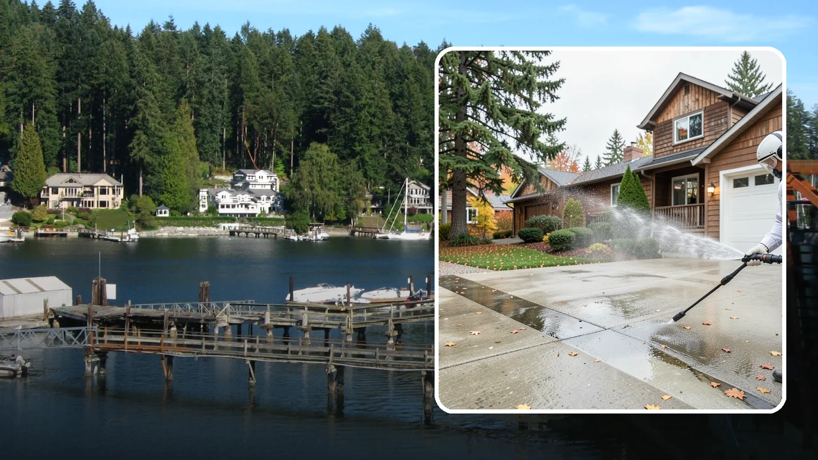 Driveway Pressure Washing in Gig Harbor, Pierce County, WA - Powerful pressure washing that strips away the moss, mildew, and grime coating Washington driveways.