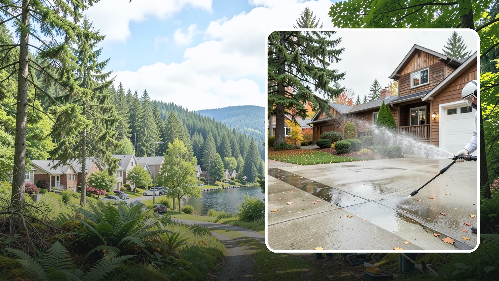 Driveway Pressure Washing in Lake Forest Park, King County, WA - Powerful pressure washing that strips away the moss, mildew, and grime coating Washington driveways.