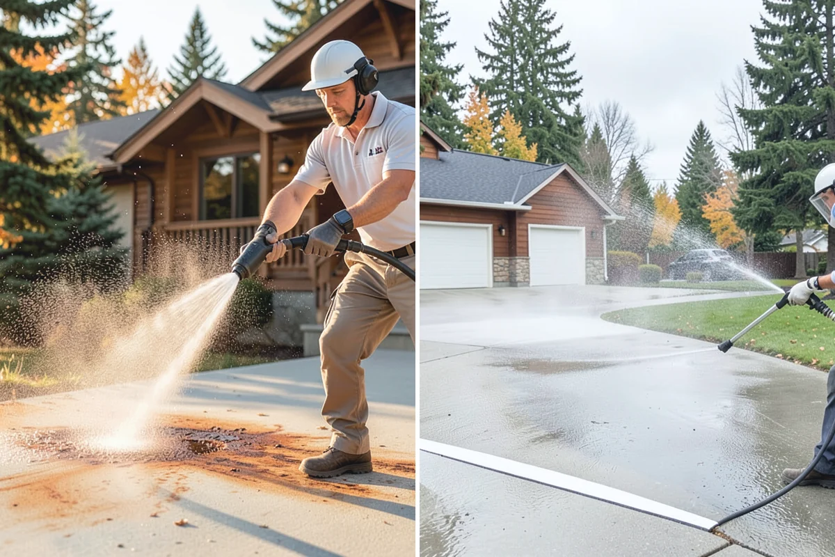 Driveway Pressure Washing in Marysville, Snohomish County, WA - Sweep and pre-treat the driveway for moss and stains