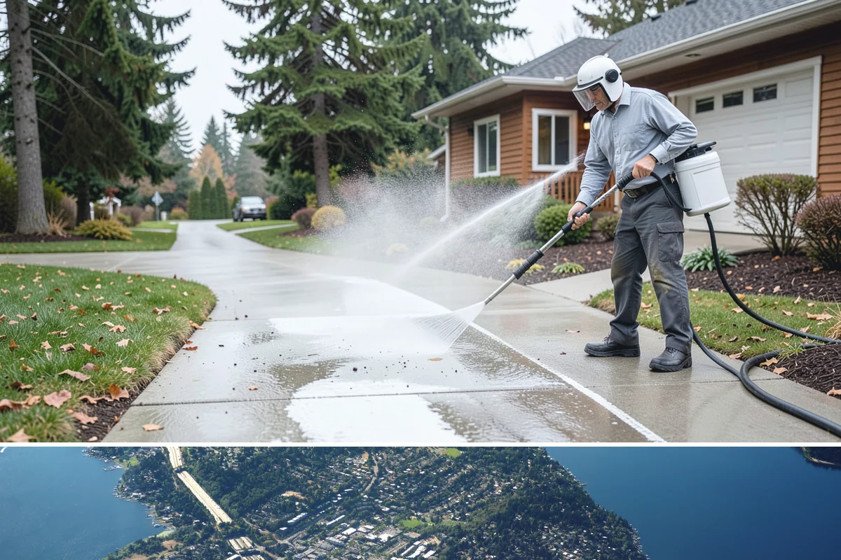 Driveway Pressure Washing in Mercer Island, King County, WA - Spring is popular for clearing a winter's worth of moss, though dry summer days work equally well.