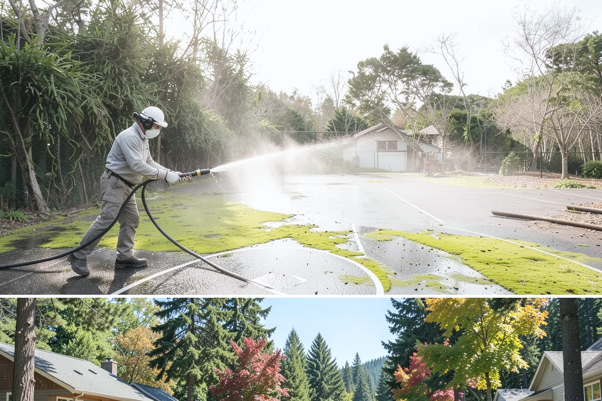 Driveway Pressure Washing in Orting, Pierce County, WA - Spring is popular for clearing a winter's worth of moss, though dry summer days work equally well.