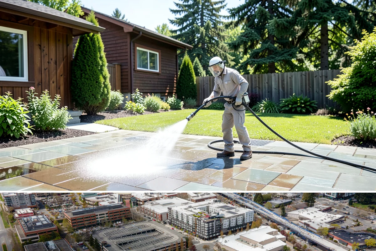 Driveway Pressure Washing in Redmond, King County, WA - Spring is popular for clearing a winter's worth of moss, though dry summer days work equally well.