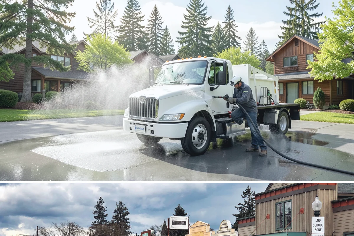 Driveway Pressure Washing in Roy, Pierce County, WA - Spring is popular for clearing a winter's worth of moss, though dry summer days work equally well.