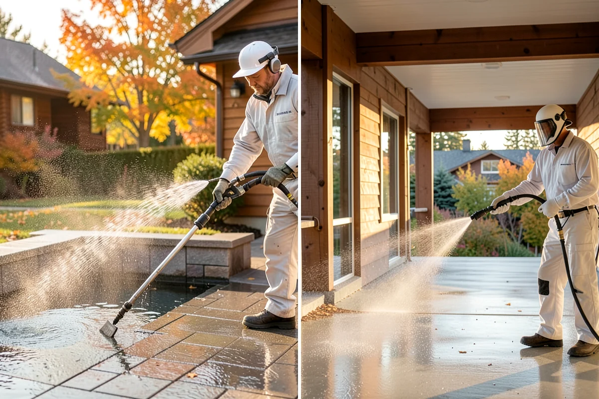 Driveway Pressure Washing in Sedro-Woolley, Skagit County, WA - Sweep and pre-treat the driveway for moss and stains