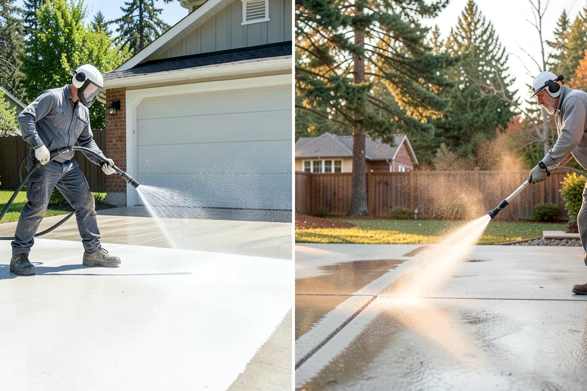 Driveway Pressure Washing in Snoqualmie, King County, WA - Sweep and pre-treat the driveway for moss and stains