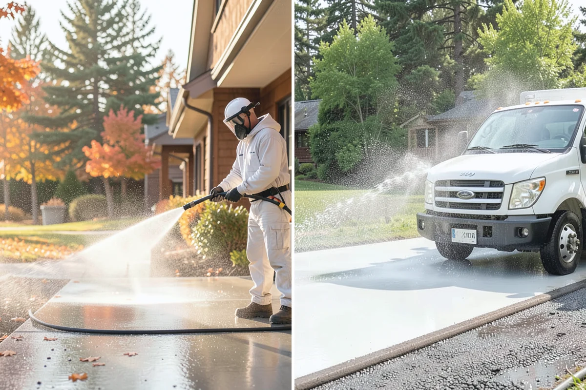 Driveway Pressure Washing in South Prairie, Pierce County, WA - Sweep and pre-treat the driveway for moss and stains