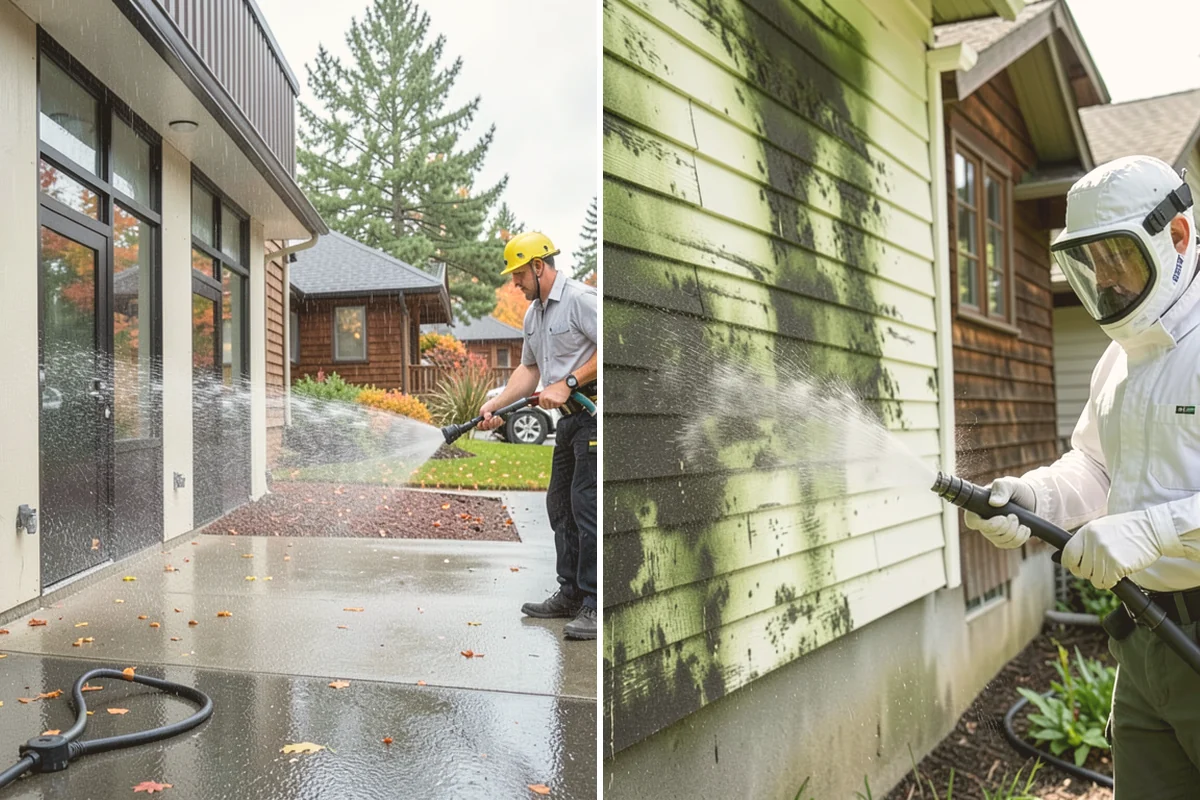 Driveway Restoration Cleaning in Bellevue, King County, WA - Assess all forms of staining, growth, and grime present