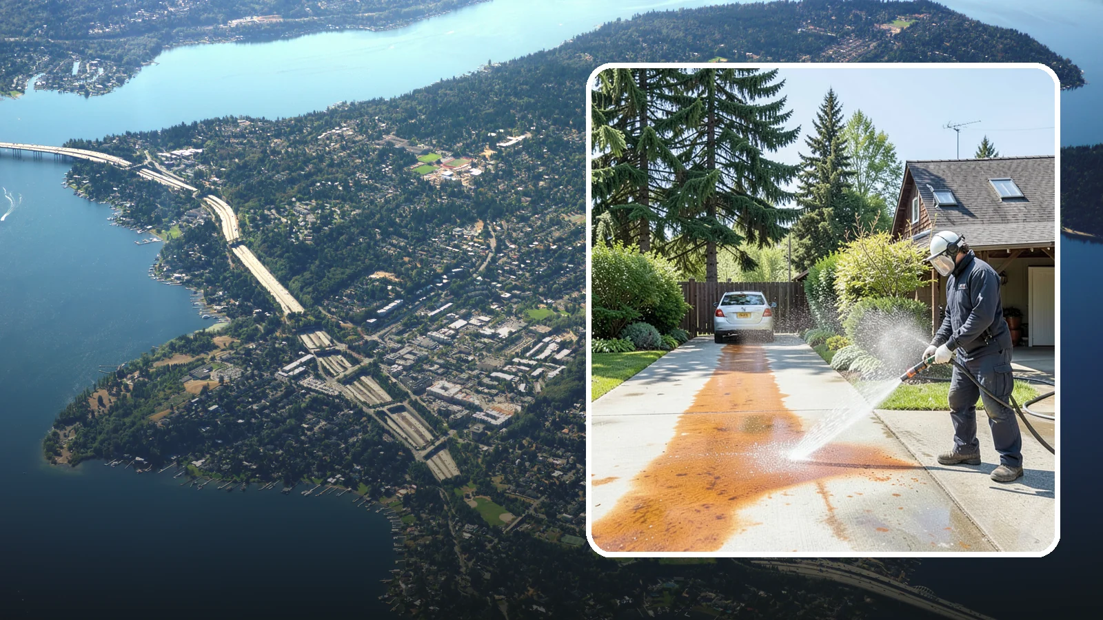 Driveway Rust Stain Removal in Mercer Island, King County, WA - Specialized rust stain removal that clears orange staining from irrigation, fertilizer, and metal on driveways.