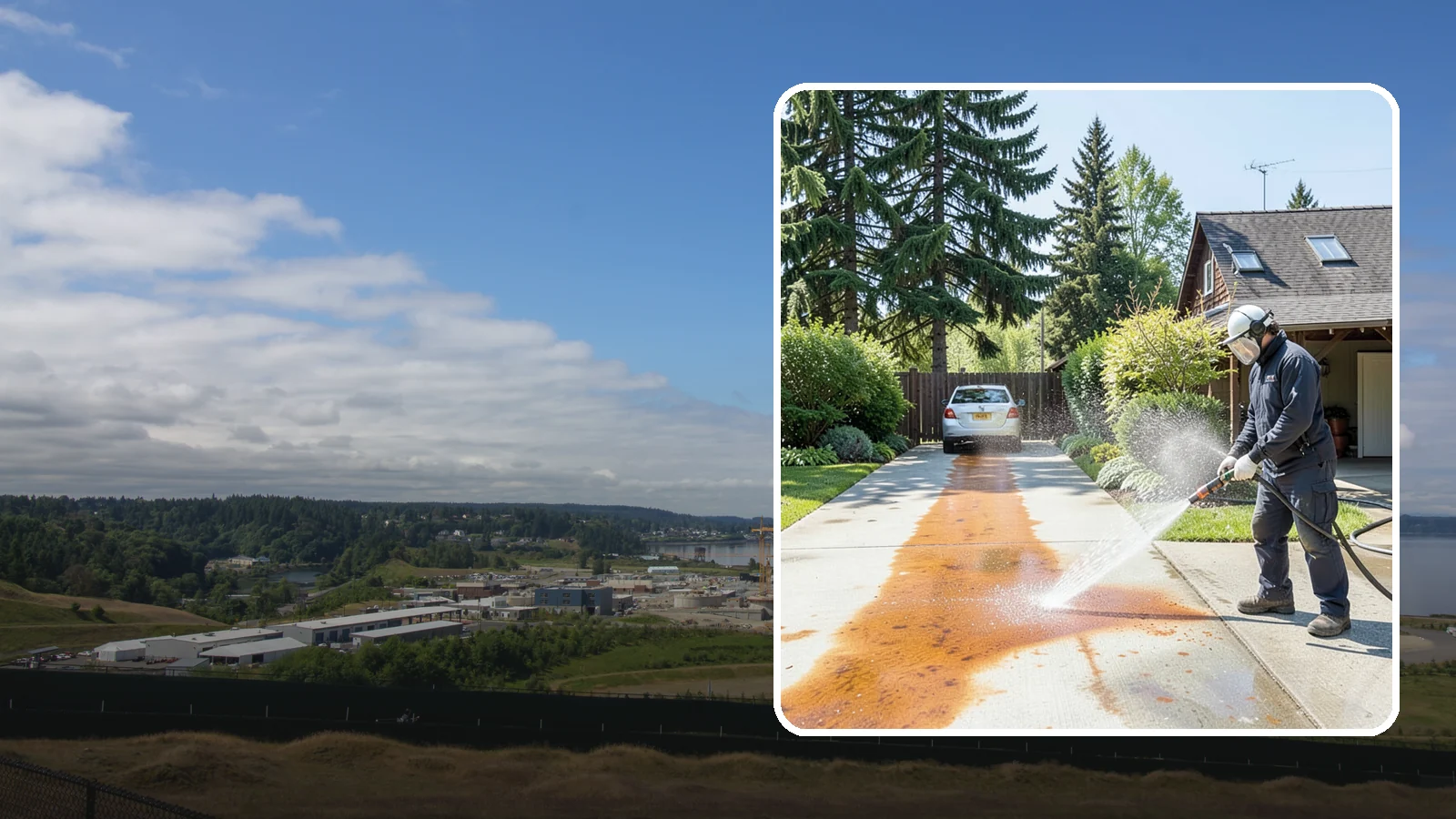 Driveway Rust Stain Removal in University Place, Pierce County, WA - Specialized rust stain removal that clears orange staining from irrigation, fertilizer, and metal on driveways.