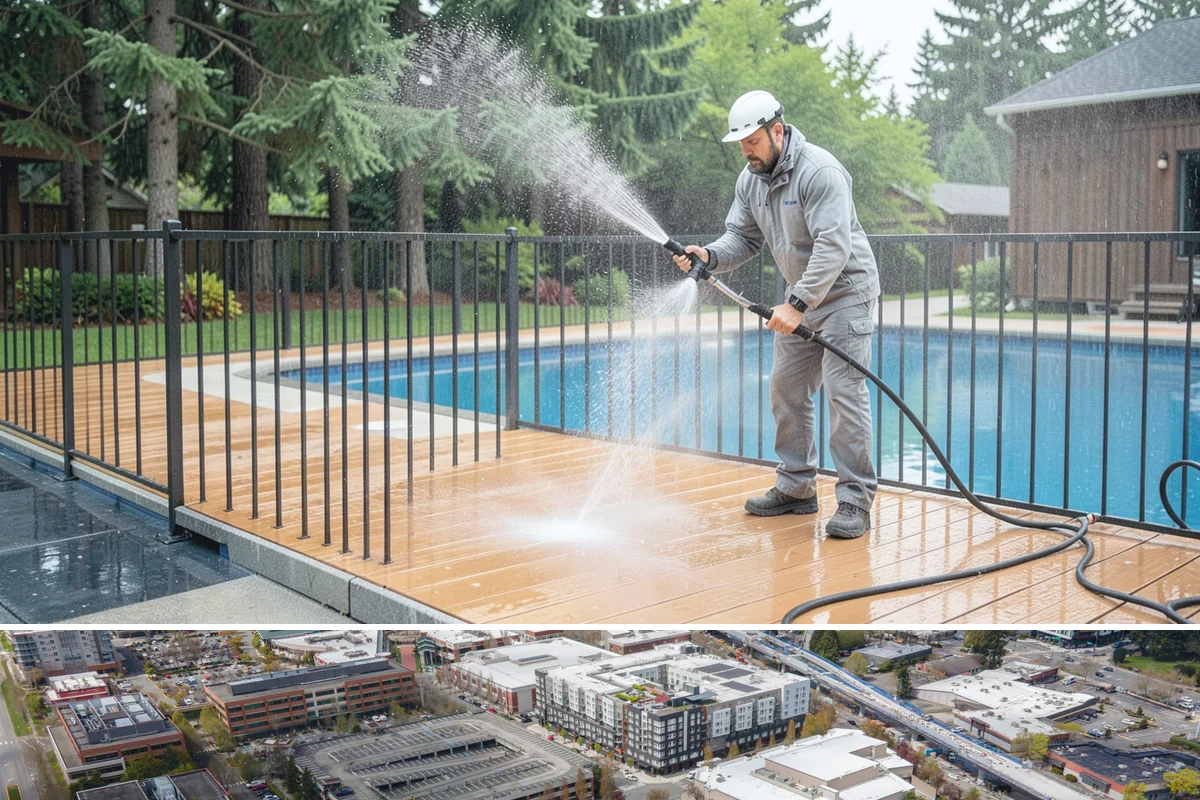 Dumpster Pad Cleaning in Redmond, King County, WA - Dumpster pads should be cleaned monthly year-round, since Washington's damp air keeps waste residue from drying and worsens odor.
