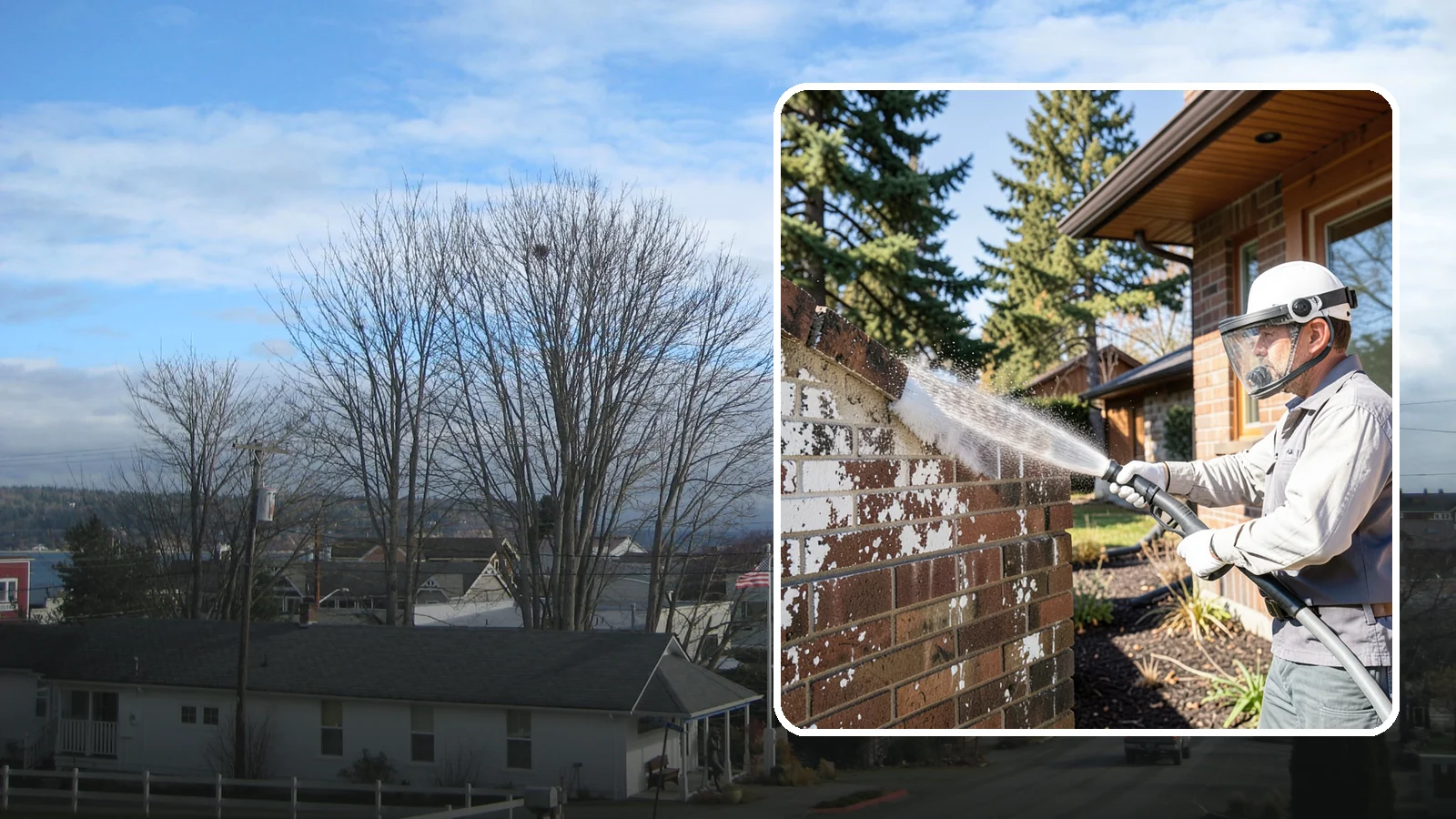 Efflorescence Removal in Langley, Island County, WA - Dissolve and remove the white efflorescence crystals that Washington's wet climate pushes to the surface of masonry.