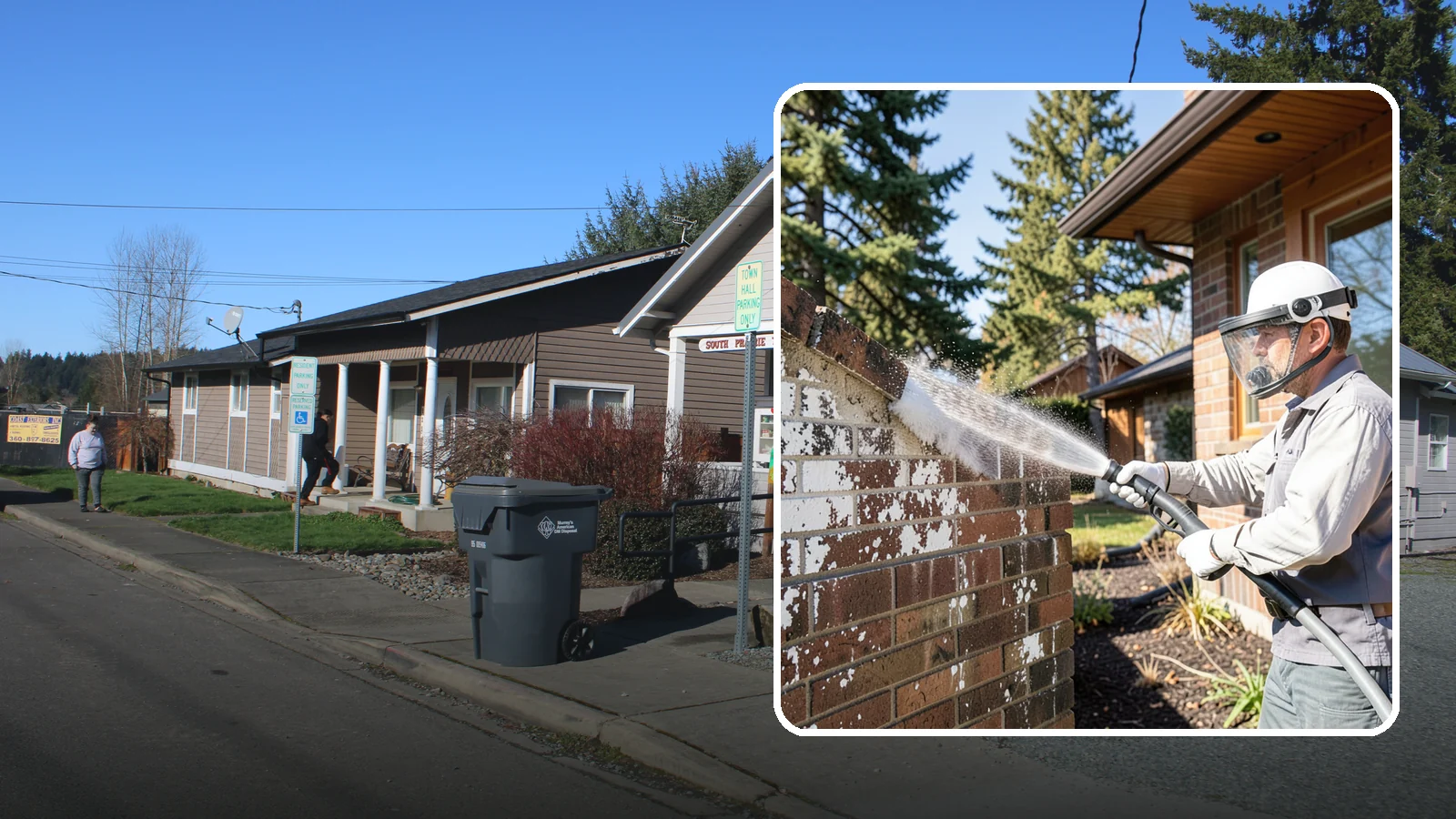 Efflorescence Removal in South Prairie, Pierce County, WA - Dissolve and remove the white efflorescence crystals that Washington's wet climate pushes to the surface of masonry.