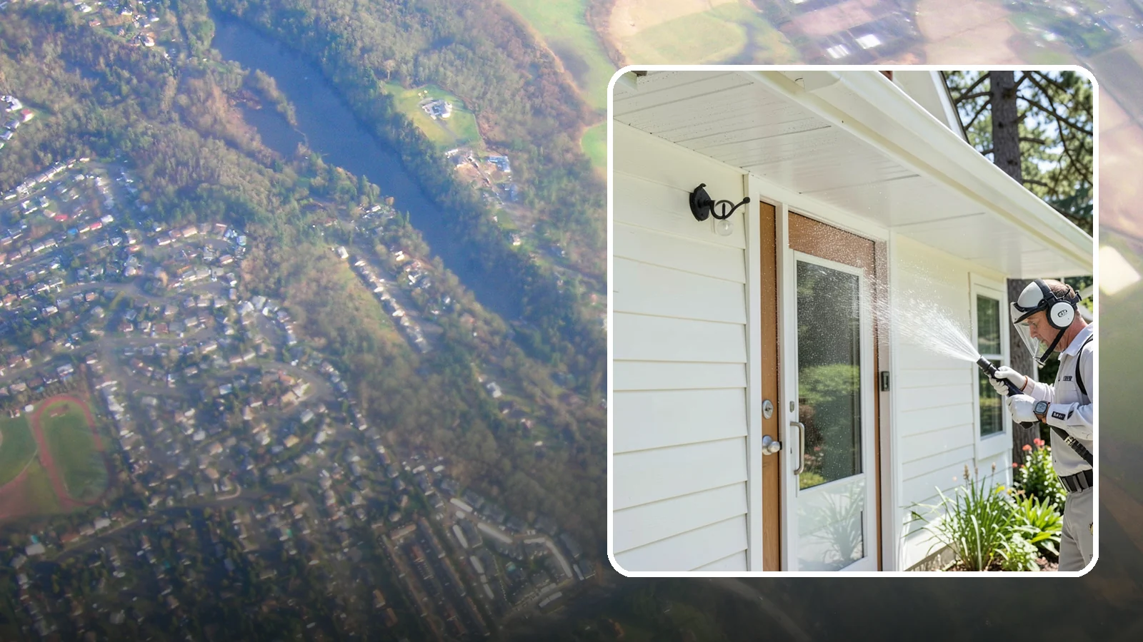 Entrance Canopy Cleaning in Algona, King County, WA - Overhead cleaning of entrance canopies and porte-cocheres that removes algae streaks, cobwebs, and grime from the first thing...