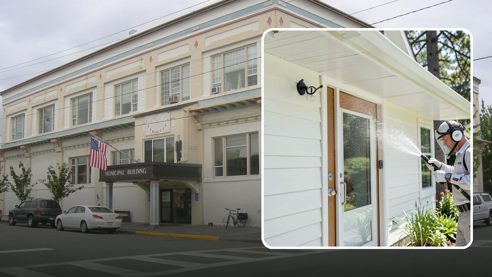 Entrance Canopy Cleaning in Anacortes, Skagit County, WA - Overhead cleaning of entrance canopies and porte-cocheres that removes algae streaks, cobwebs, and grime from the first thing...