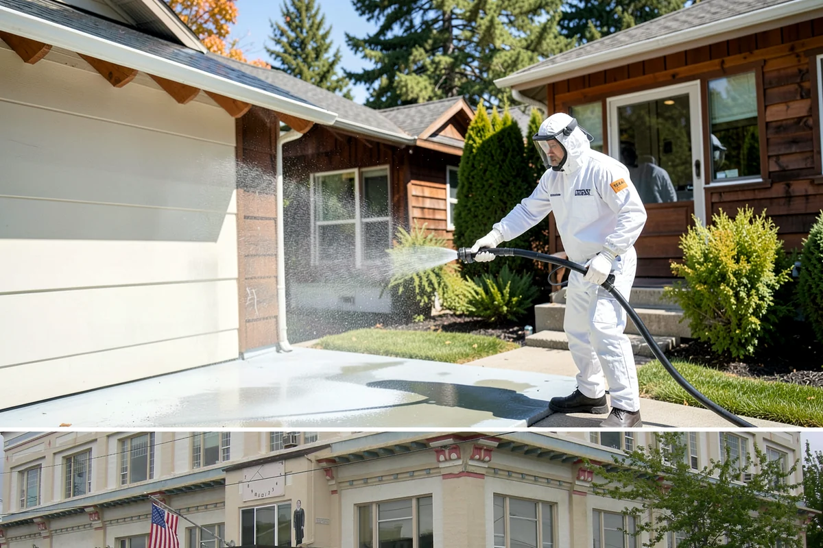 Entrance Canopy Cleaning in Anacortes, Skagit County, WA - Spring cleaning clears the algae that accumulates over the wet winter, with a fall touch-up to remove seasonal debris.