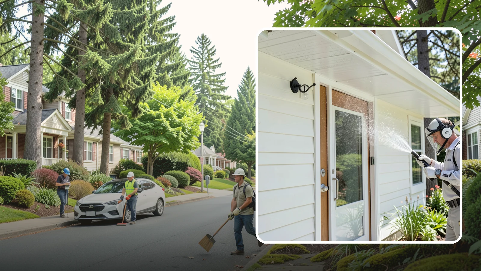 Entrance Canopy Cleaning in Beaux Arts Village, King County, WA - Overhead cleaning of entrance canopies and porte-cocheres that removes algae streaks, cobwebs, and grime from the first thing...