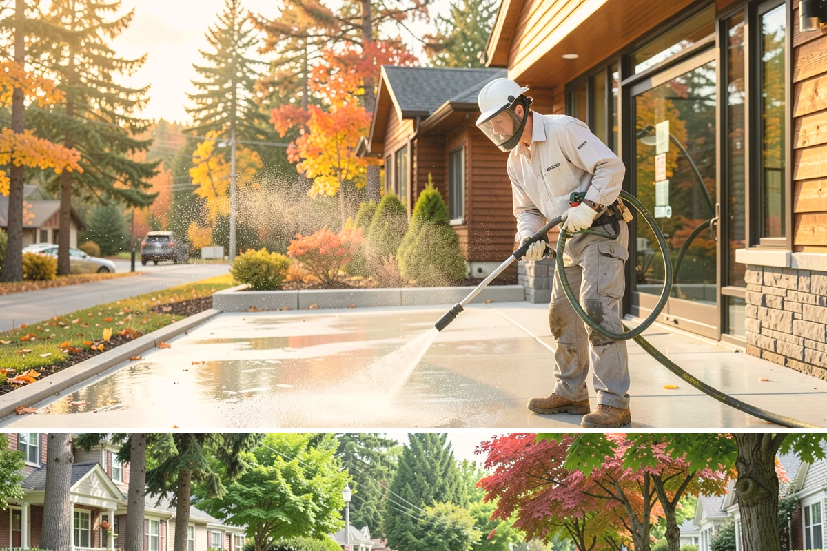 Entrance Canopy Cleaning in Beaux Arts Village, King County, WA - Spring cleaning clears the algae that accumulates over the wet winter, with a fall touch-up to remove seasonal debris.
