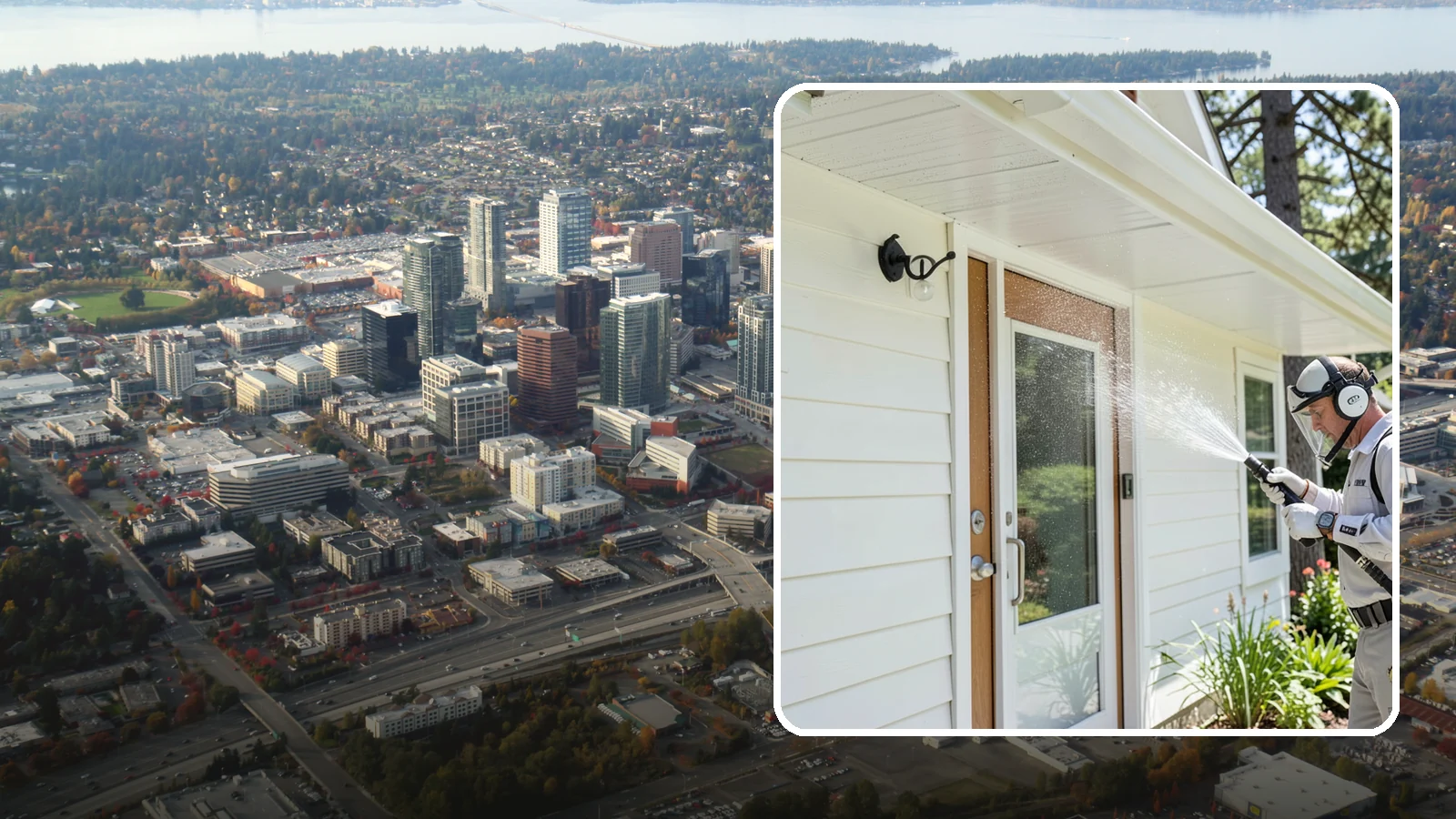 Entrance Canopy Cleaning in Bellevue, King County, WA - Overhead cleaning of entrance canopies and porte-cocheres that removes algae streaks, cobwebs, and grime from the first thing...