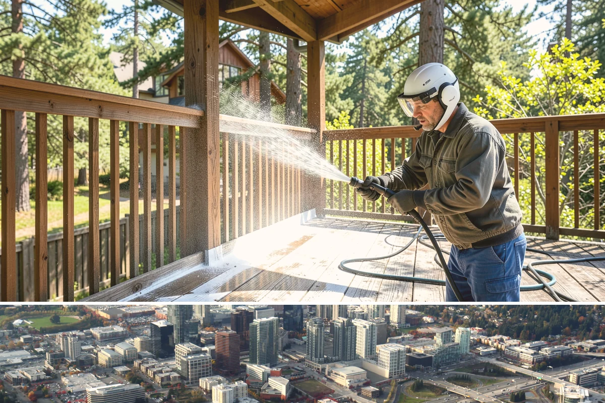 Entrance Canopy Cleaning in Bellevue, King County, WA - Spring cleaning clears the algae that accumulates over the wet winter, with a fall touch-up to remove seasonal debris.